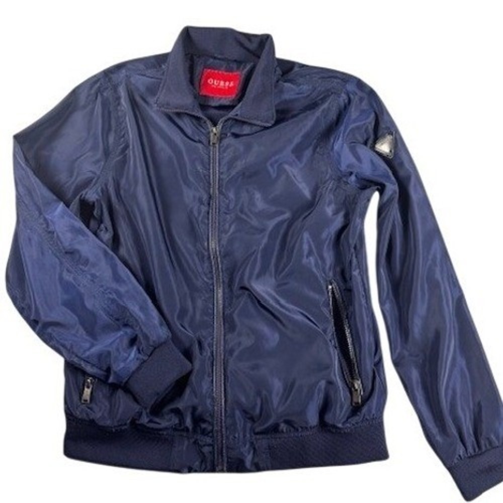Guess Bomber Jacket Mens M Navy Blue Windbreaker Full Zip Triangle Logo Ribbed